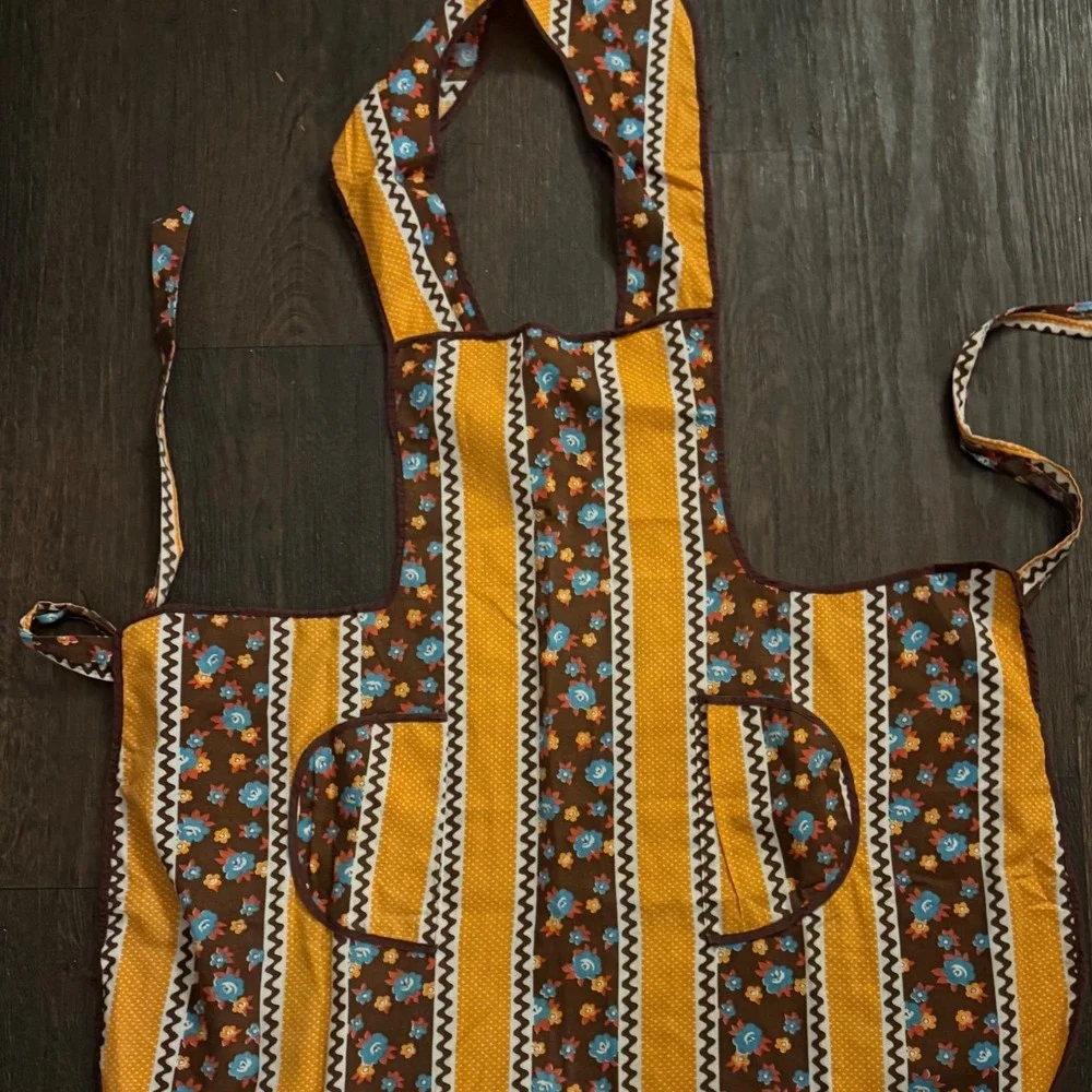 Vintage 2 Apron Set Smock Bib Floral Striped Brown Yellow Retro Mid Century